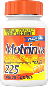 Motrin IB Ibuprofen Tablets, Pain Reliever, Temporarily Reduces Fever and Relieves Minor Pain, Muscle Aches, Headache, Backache, Nonsteroidal Anti-Inflammatory Drug, 200 Mg, 225 Count Value Size