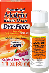 Motrin Infants' Ibuprofen, Fever Reducer, Dye and Alcohol Free, Concentrated Drops, Oral Suspension, Includes Clear Syringe with Markings for Dose Measuring, Berry Flavor 1 Fluid Ounce