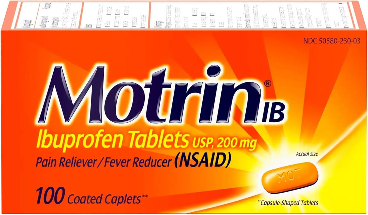 Motrin IB Ibuprofen Tablets, Pain Reliever, Temporarily Reduces Fever and Relieves Minor Pain, Muscle Aches, Headache, Backache, Nonsteroidal Anti-Inflammatory Drug, 200 Mg, 100 Count