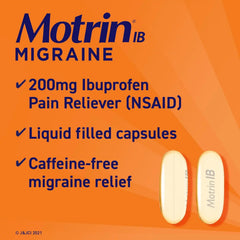 Motrin IB Migraine Relief Liquid Gel Capsules with 200 mg Ibuprofen per Capsule, Fast & Effective Migraine Headache Medicine with NSAID Pain Reliever Ibuprofen, Caffeine-Free, 80 ct
