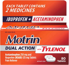 Motrin Dual Action with Tylenol, Fast-Acting Pain Reliever with 125 mg Ibuprofen (NSAID) & 250 mg Acetaminophen for up to 8 Hours Pain Relief of Minor Aches & Pains, 80 Count