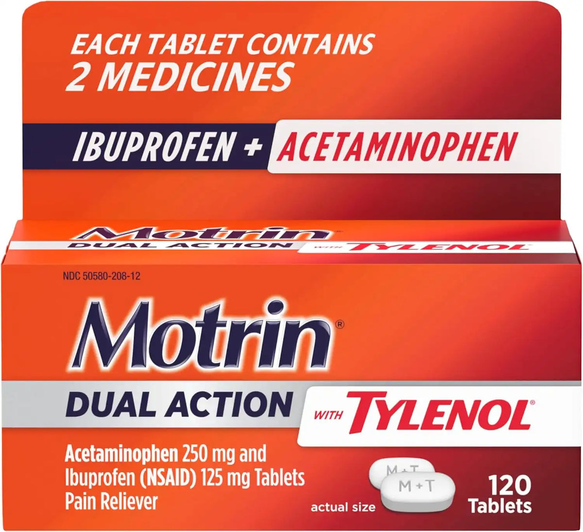 Motrin Dual Action with Tylenol, Ibuprofen & Acetaminophen Fast-Acting, Long Lasting Pain Reliever for Minor Aches & Pains, Ibuprofen (NSAID) 125 mg & Acetaminophen 250 mg, 120 ct