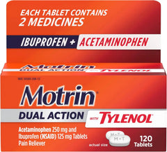 Motrin Dual Action with Tylenol, Ibuprofen & Acetaminophen Fast-Acting, Long Lasting Pain Reliever for Minor Aches & Pains, Ibuprofen (NSAID) 125 mg & Acetaminophen 250 mg, 120 ct