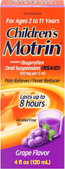 Children's Motrin Oral Suspension Medicine, Children's Liquid Ibuprofen Pain Reliever & Fever Reducer for Kids Minor Aches & Pains, 100mg per 5mL, Alcohol-Free, Grape Flavor, 4 fl. oz