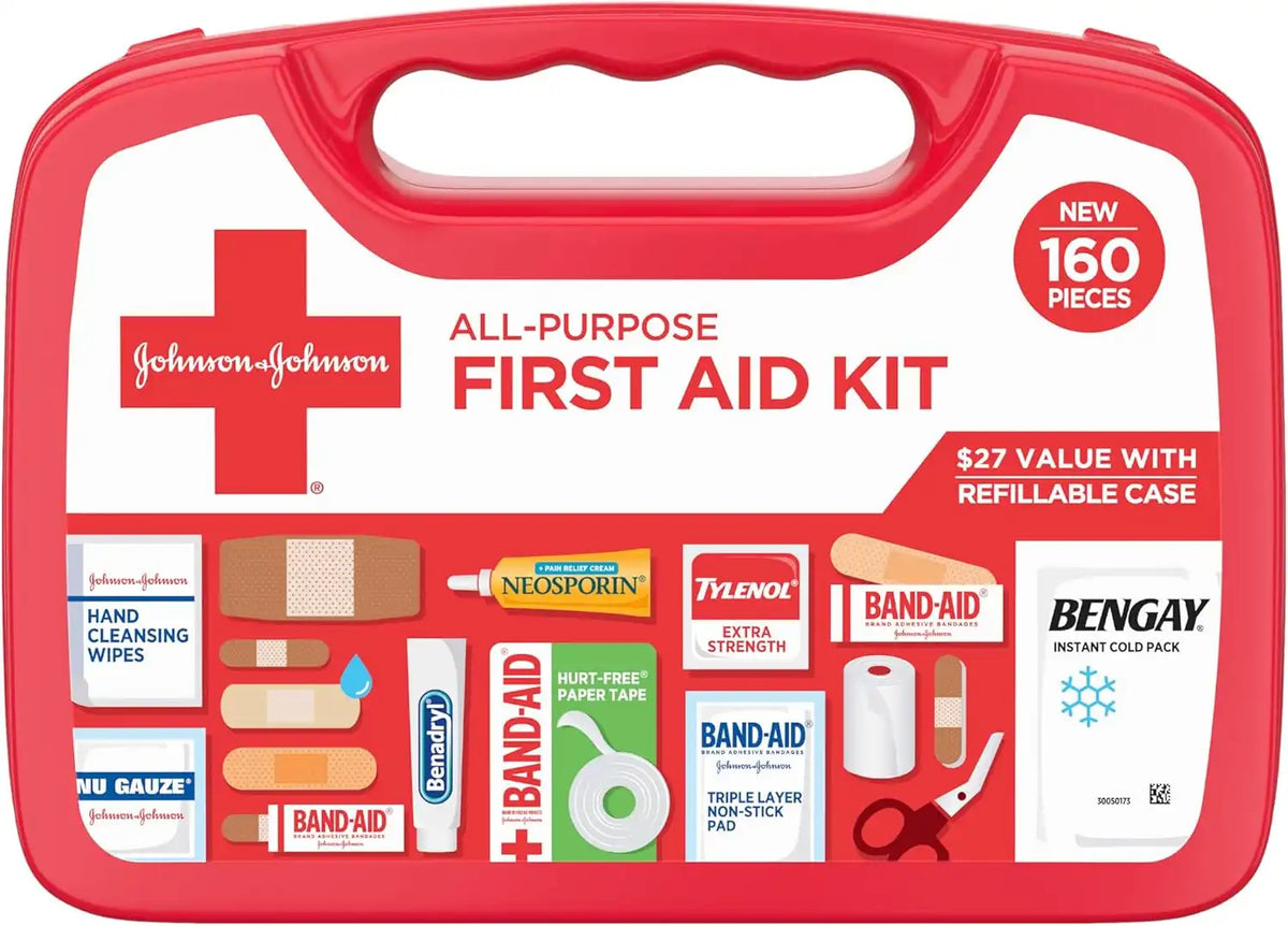 BAND-AID Brand All-Purpose Portable Compact First Aid Kit for Minor Cuts, Scrapes, Burns & Aches, Wound Care Essentials for Home, Car, Dorm, Travel, Cruise, Camping & Outdoor Emergency Kit, 160 Piece