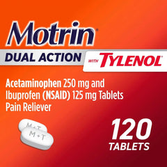 Motrin Dual Action with Tylenol, Ibuprofen & Acetaminophen Fast-Acting, Long Lasting Pain Reliever for Minor Aches & Pains, Ibuprofen (NSAID) 125 mg & Acetaminophen 250 mg, 120 ct