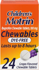 Motrin Children's Dye-Free Chewable Tablets with Ibuprofen, Kids' Fever Reducer & Pain Reliever for Sore Throat, Fever, Toothache & Pain Relief, Grape Flavor, 24 Ct
