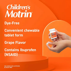 Motrin Children's Dye-Free Chewable Tablets with Ibuprofen, Kids' Fever Reducer & Pain Reliever for Sore Throat, Fever, Toothache & Pain Relief, Grape Flavor, 24 Ct