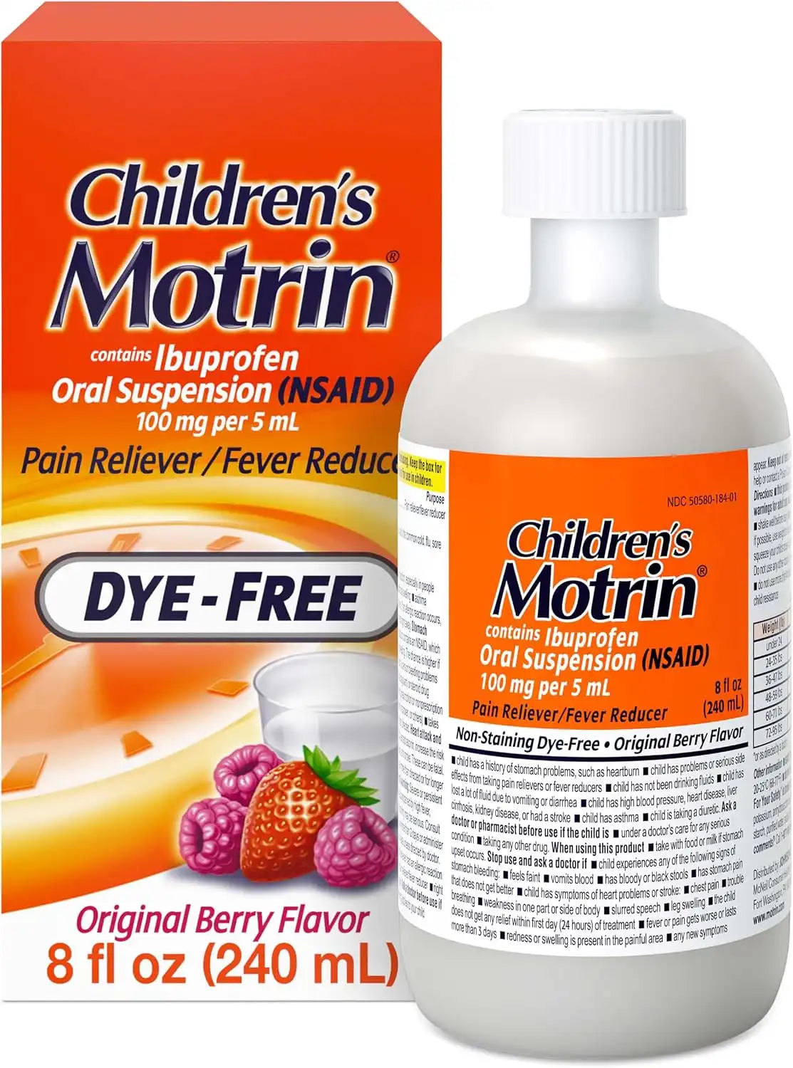 Children’s Motrin Liquid Dye-Free and Alcohol-Free, NSAID, 100 Mg Ibuprofen Oral Suspension, Fever Reducer, Pain Reliever, Trusted Brand for Families, Berry Flavor, 8 Fluid Ounces