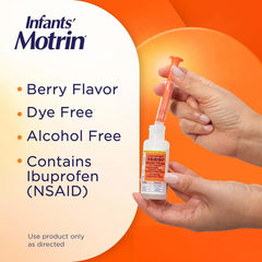 Motrin Infants' Ibuprofen, Fever Reducer, Dye and Alcohol Free, Concentrated Drops, Oral Suspension, Includes Clear Syringe with Markings for Dose Measuring, Berry Flavor 1 Fluid Ounce