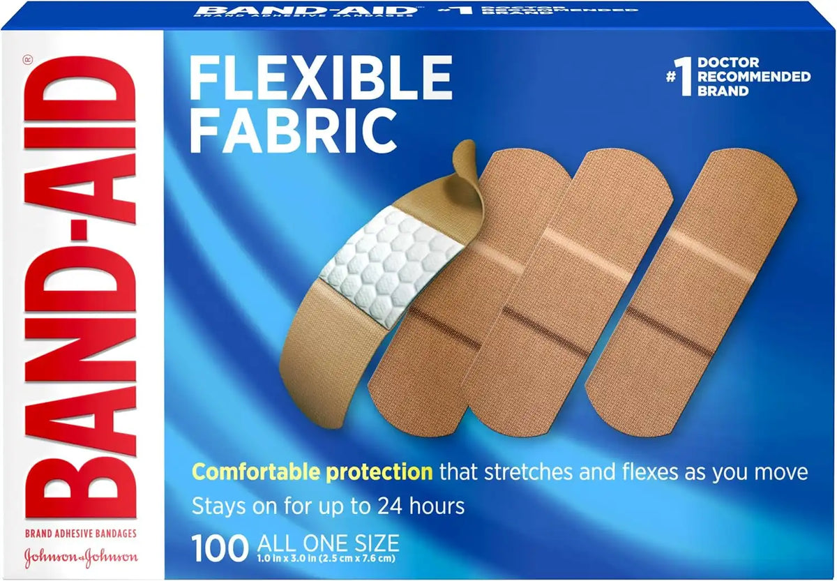 BAND-AID Brand Flexible Fabric Adhesive Bandages, Comfortable Sterile Wound Care and Flexible Protection for Minor Cuts, Scrapes & Burns, A Must for First Aid Kits, Non-Stick Pad, One Size, 100 Count