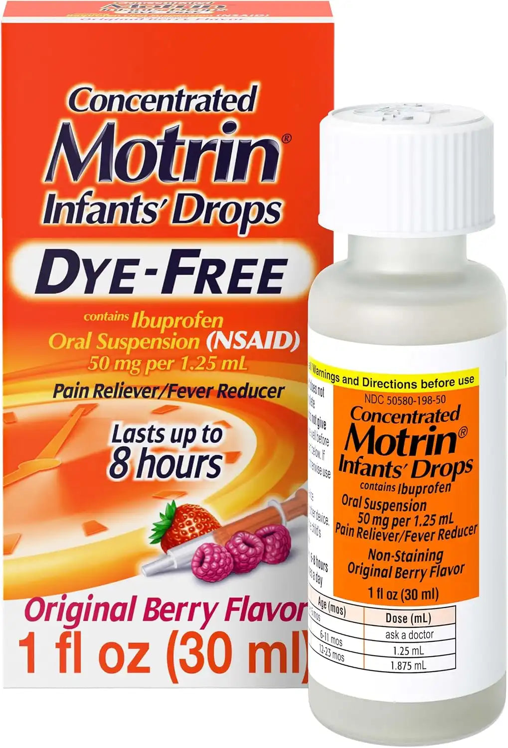 Motrin Infants' Ibuprofen, Fever Reducer, Dye and Alcohol Free, Concentrated Drops, Oral Suspension, Includes Clear Syringe with Markings for Dose Measuring, Berry Flavor 1 Fluid Ounce